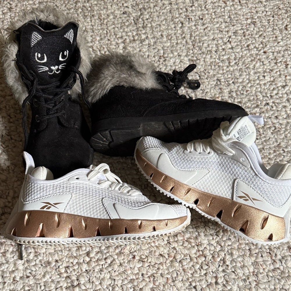 2 pairs: Reebok Kids White/Bronze Sneakers & Fabkids black cat boot -gently used